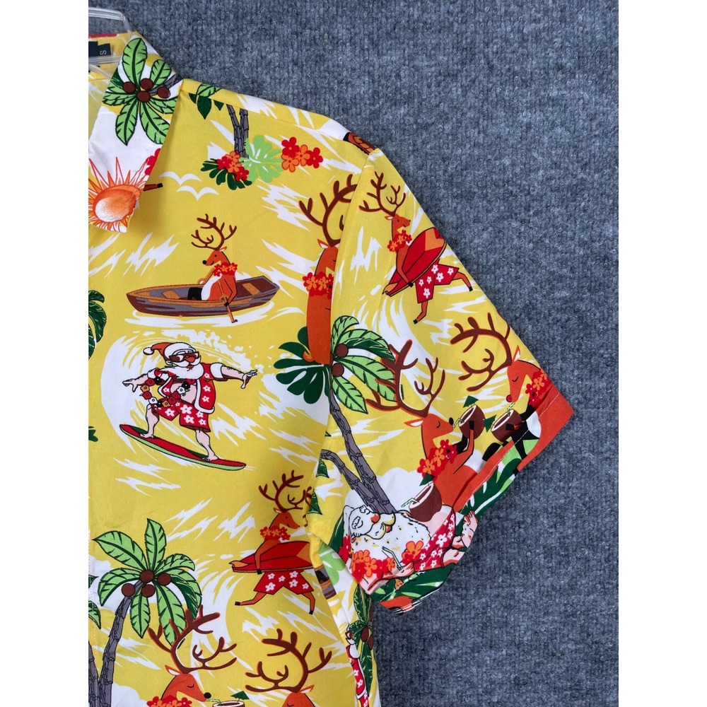 SSLR Christmas Hawaiian Shirt Mens Small Yellow Excellent Surfing Santa Reindeer - Picture 3 of 13
